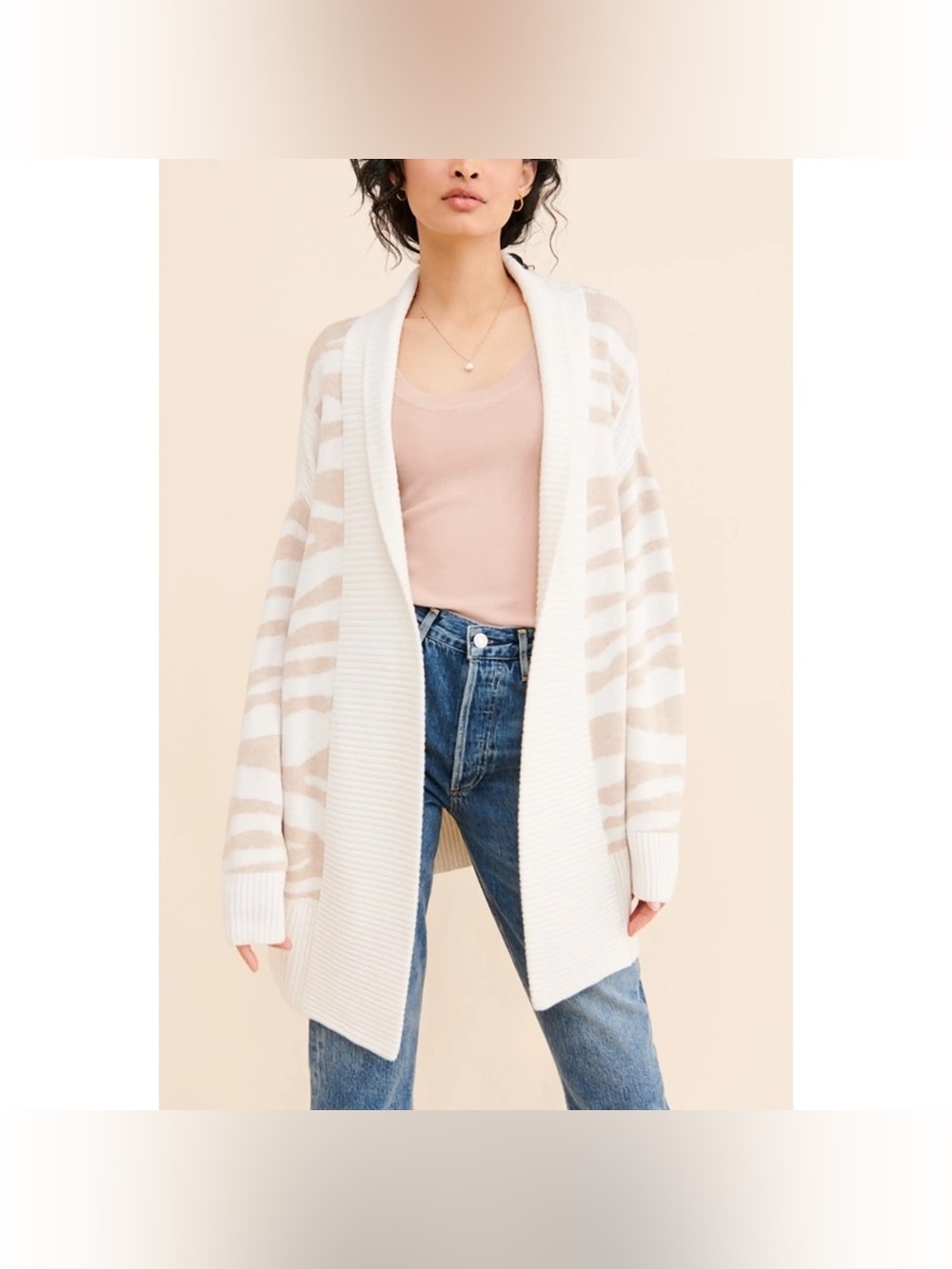 Varley Camrose sweater Open-Front Striped Cozy Cardigan - Cream & Tan